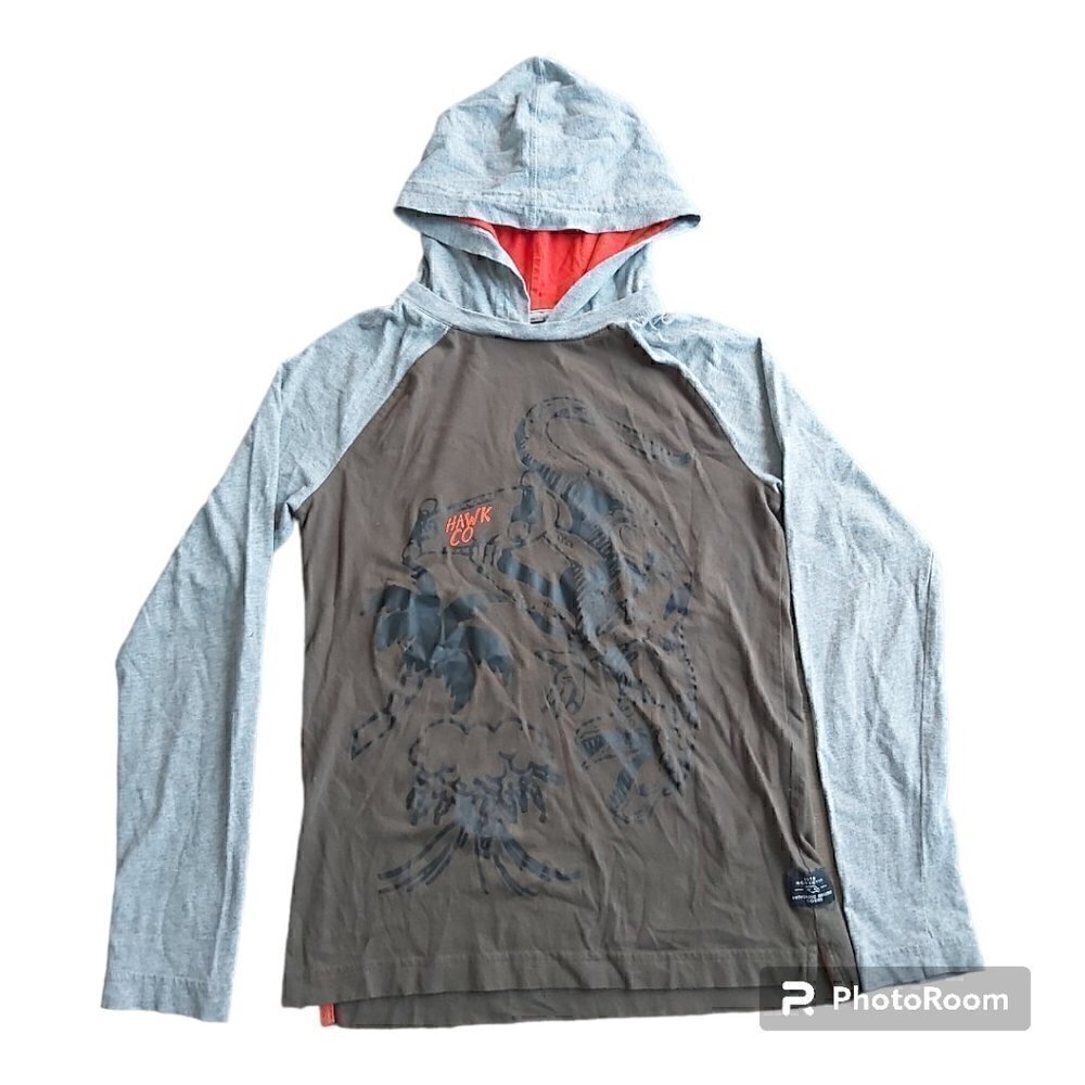 TONY Hawk Boys Large (10-12) Long Sleeved Grey/Army Green Dinosaur Shirt Hoodie
